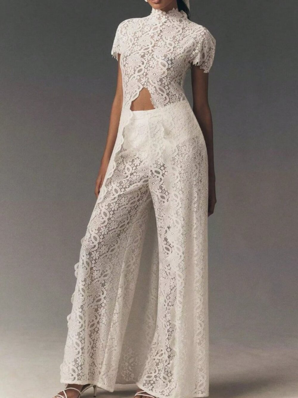 White Elegant Women's Lace Hollow Out Round Neck High Low Top